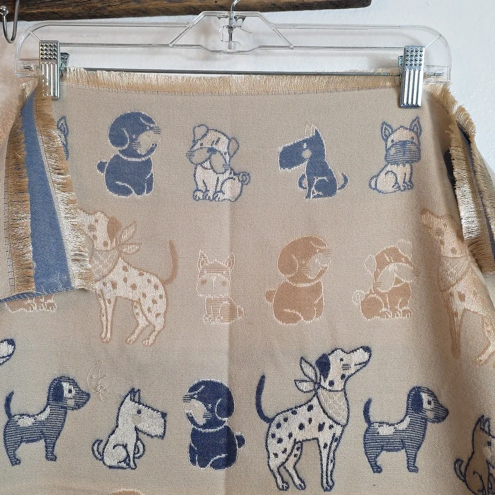 Dog Lover Gift Women's Blue and Tan Embroidered Puppy Print Scarf